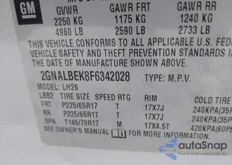 2015 Chevrolet Equinox 1Lt из США, поврежденный, VIN 2GNALBEK8F6342028